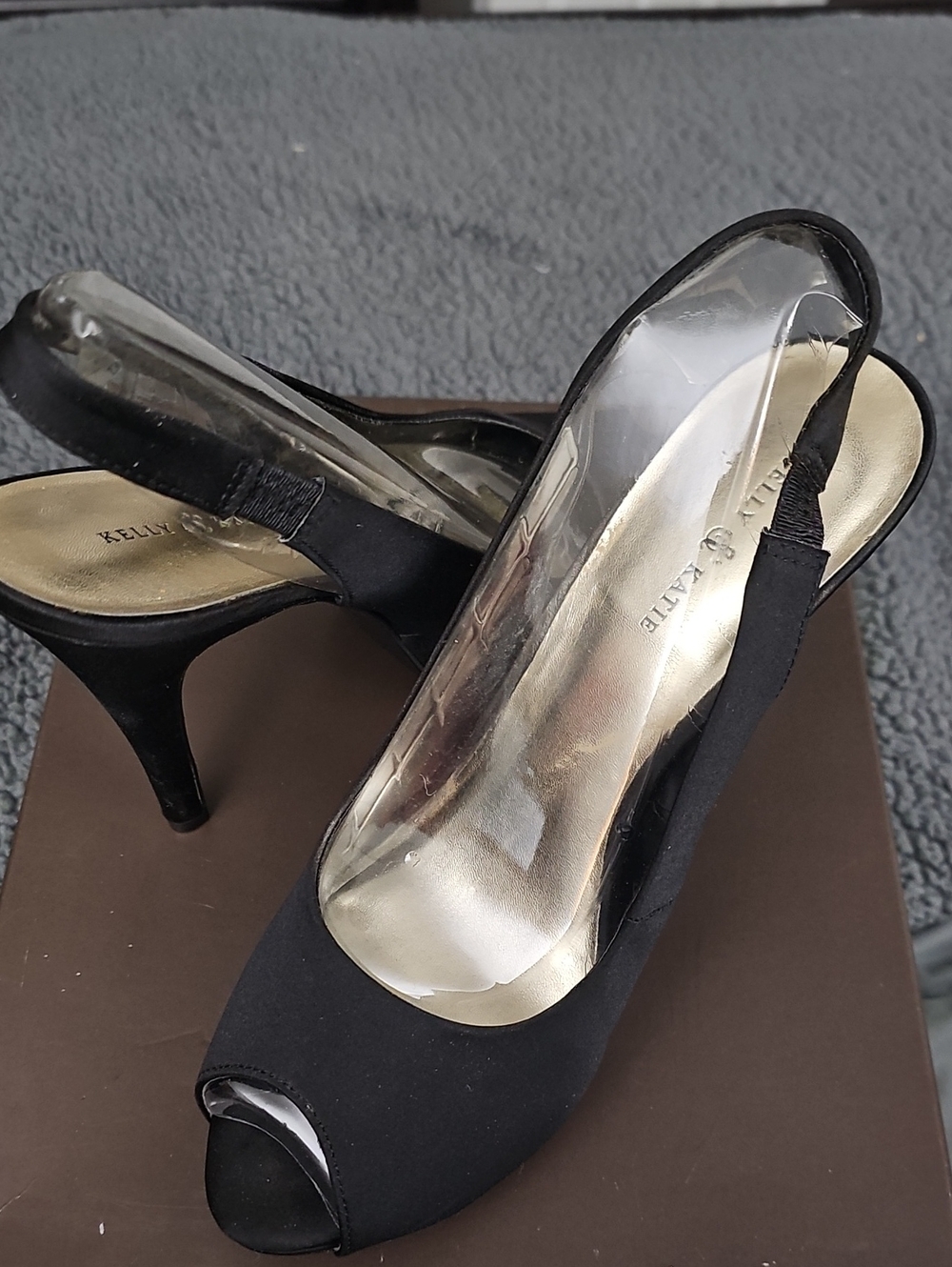 Kelly & Katie Black Peep-Toe Slingback Heels with Gold Insole